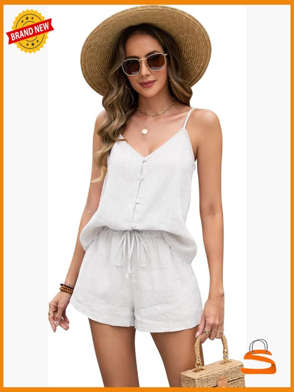 100% Linen 2 Piece Lounge Set Sleeveless V Neck Button Top Elastic Shorts